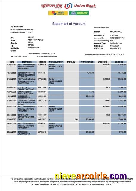 India Union Bank account statement Word and PDF, version 2